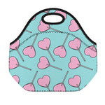 Pink Heart Lollipop Pattern Print Neoprene Lunch Bag