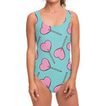 Pink Heart Lollipop Pattern Print One Piece Swimsuit
