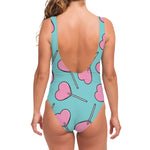 Pink Heart Lollipop Pattern Print One Piece Swimsuit