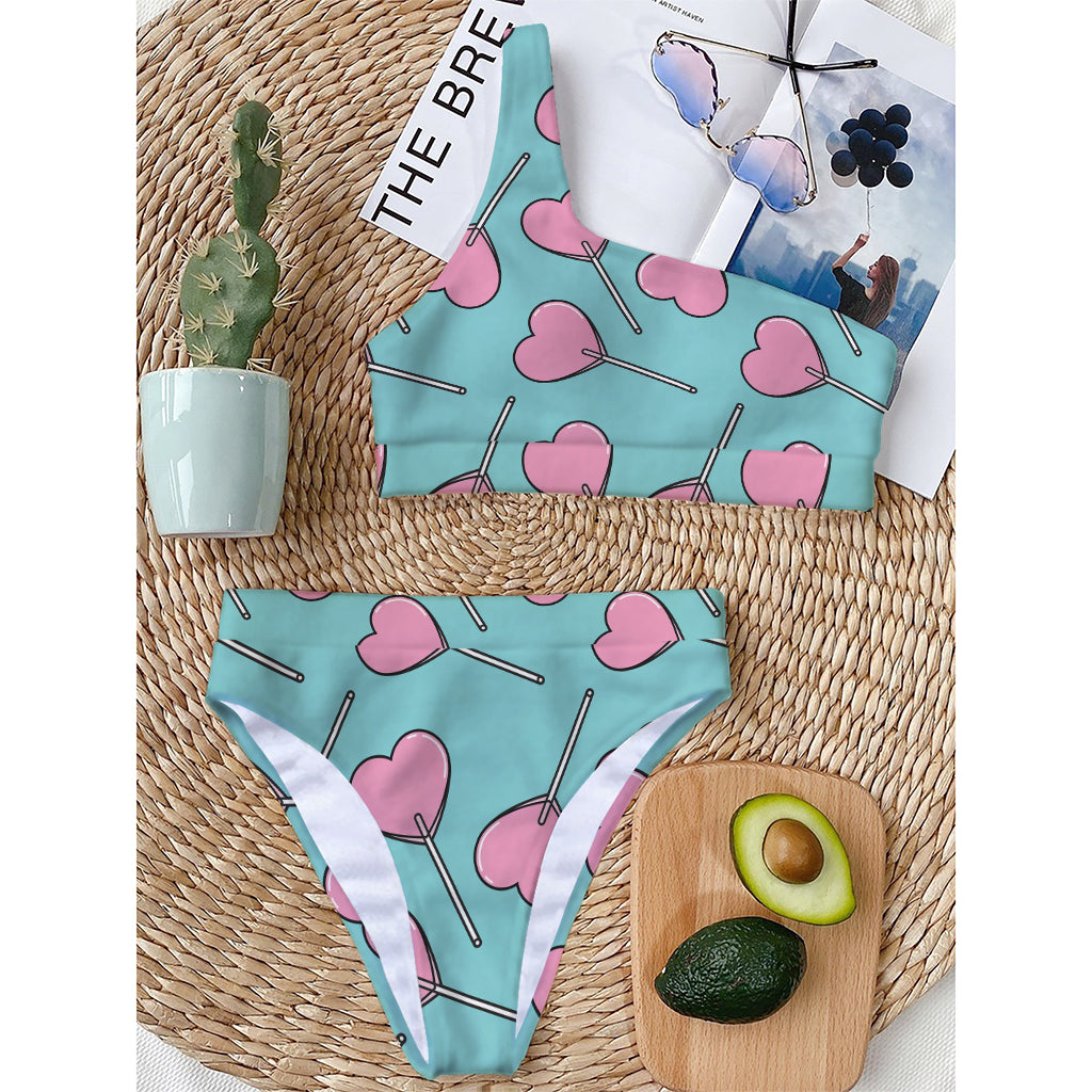 Pink Heart Lollipop Pattern Print One Shoulder Bikini Top