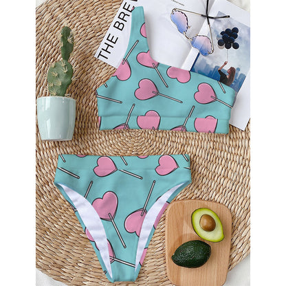 Pink Heart Lollipop Pattern Print One Shoulder Bikini Top