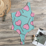 Pink Heart Lollipop Pattern Print One Shoulder Bodysuit