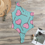 Pink Heart Lollipop Pattern Print One Shoulder Bodysuit