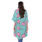 Pink Heart Lollipop Pattern Print Open Front Beach Cover Up
