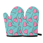 Pink Heart Lollipop Pattern Print Oven Mitts