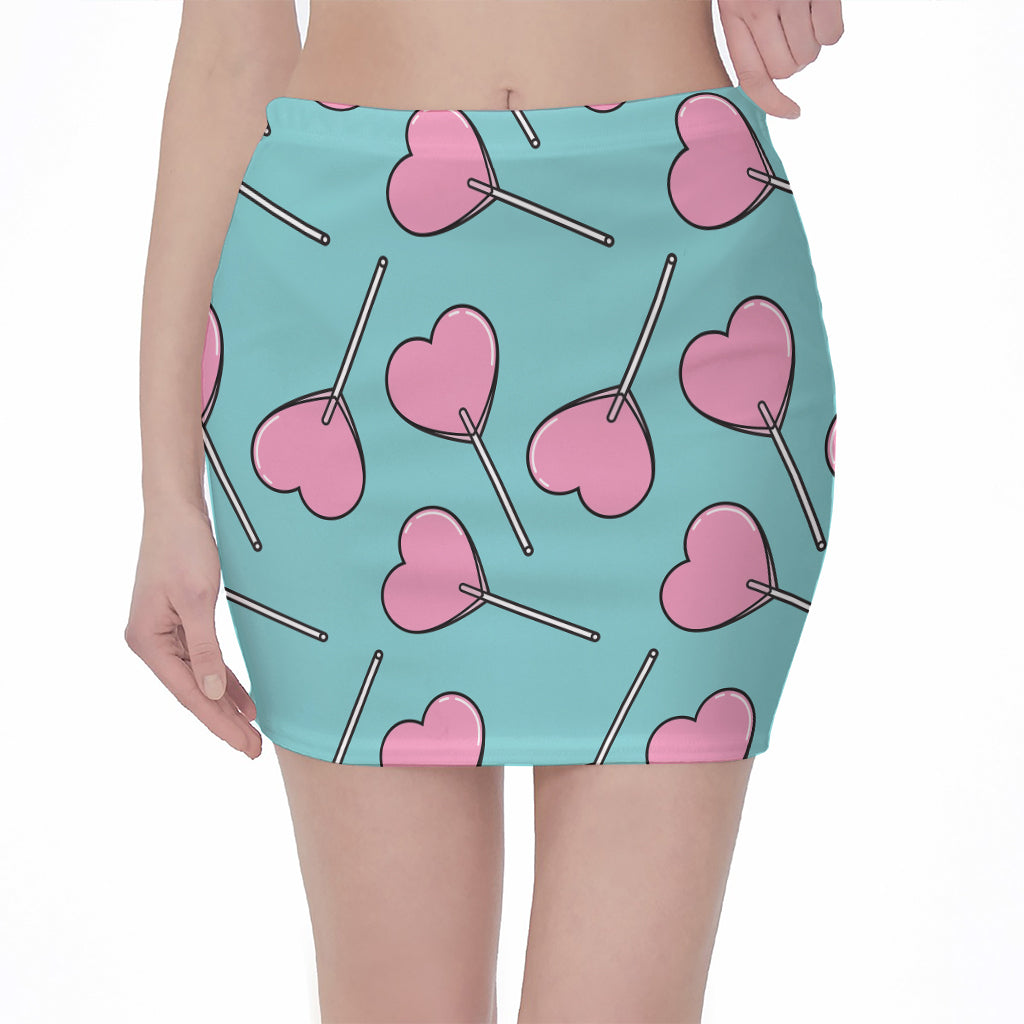 Pink Heart Lollipop Pattern Print Pencil Mini Skirt