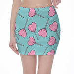 Pink Heart Lollipop Pattern Print Pencil Mini Skirt