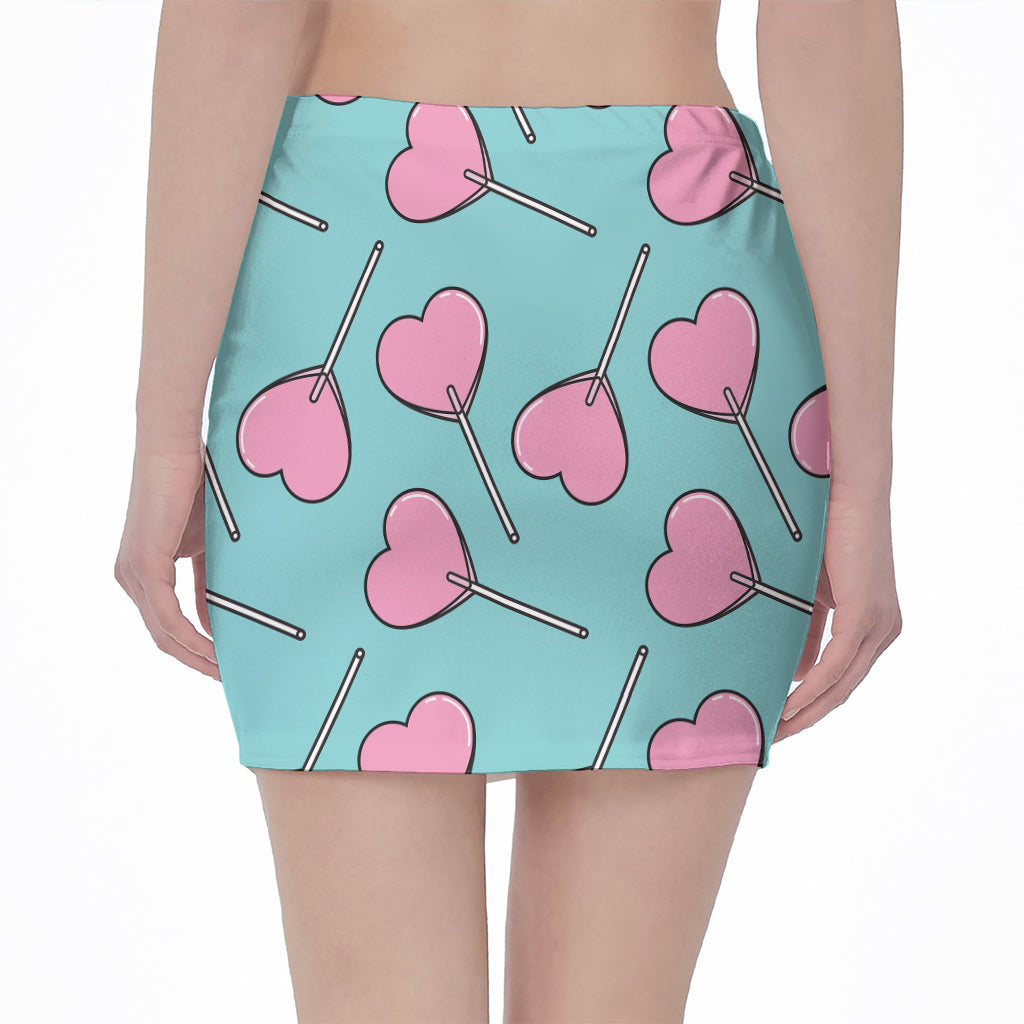 Pink Heart Lollipop Pattern Print Pencil Mini Skirt