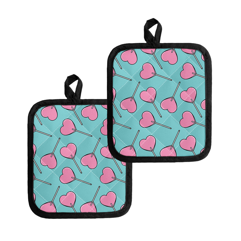 Pink Heart Lollipop Pattern Print Pot Holders