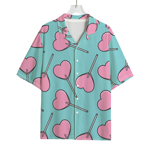 Pink Heart Lollipop Pattern Print Rayon Hawaiian Shirt