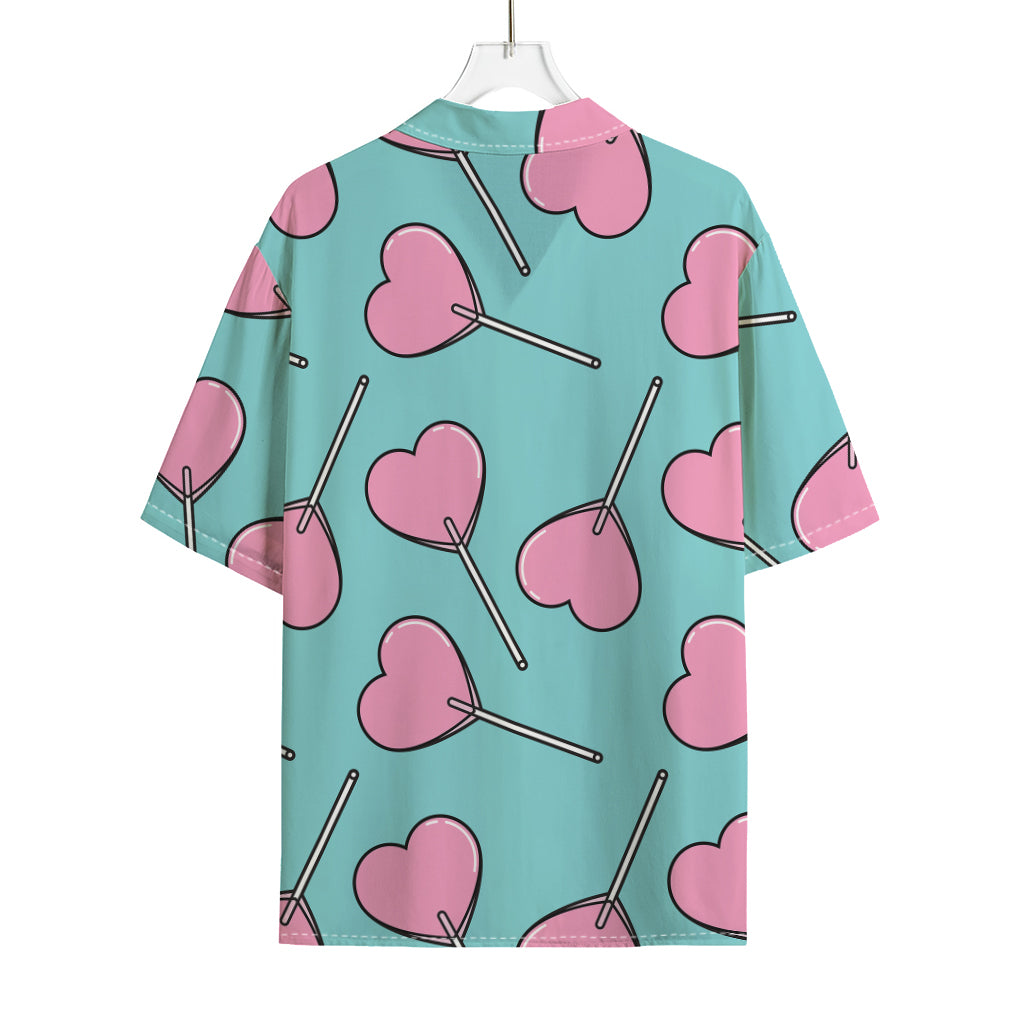 Pink Heart Lollipop Pattern Print Rayon Hawaiian Shirt