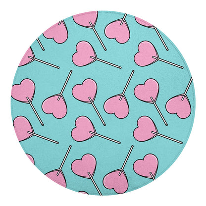Pink Heart Lollipop Pattern Print Round Blanket