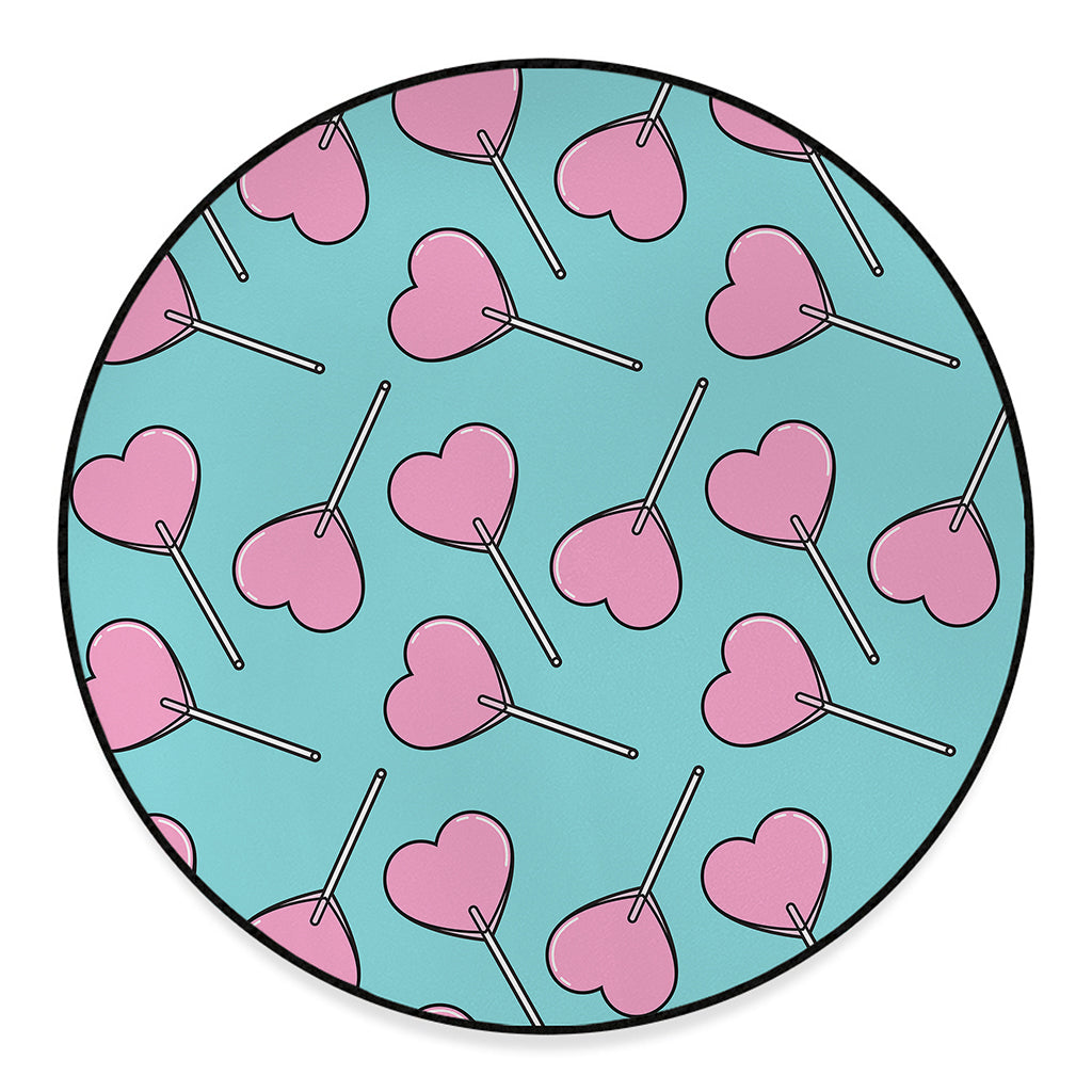 Pink Heart Lollipop Pattern Print Round Floor Mat