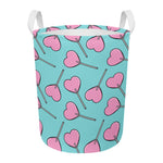 Pink Heart Lollipop Pattern Print Round Laundry Basket