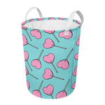Pink Heart Lollipop Pattern Print Round Laundry Basket