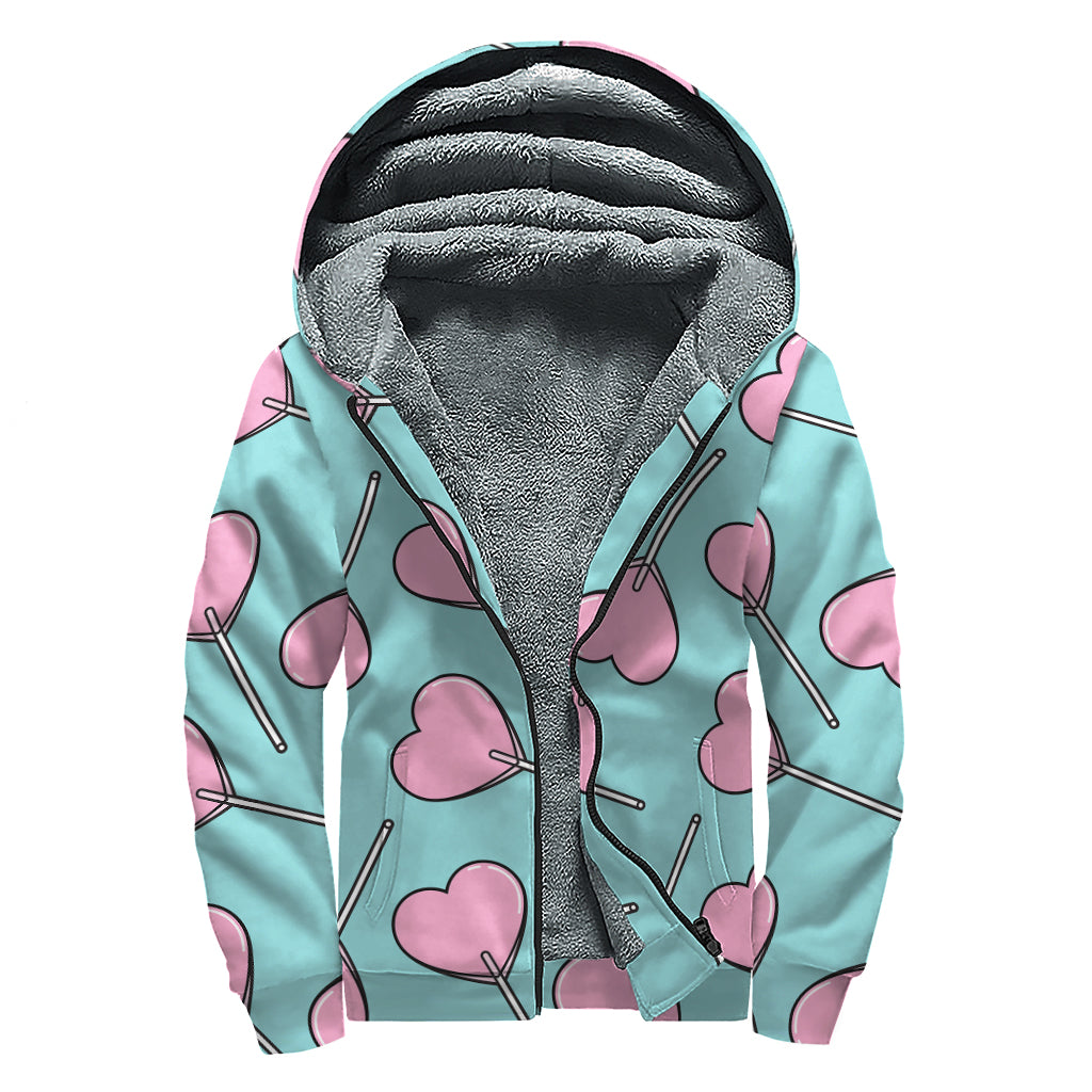 Pink Heart Lollipop Pattern Print Sherpa Lined Zip Up Hoodie