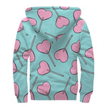 Pink Heart Lollipop Pattern Print Sherpa Lined Zip Up Hoodie
