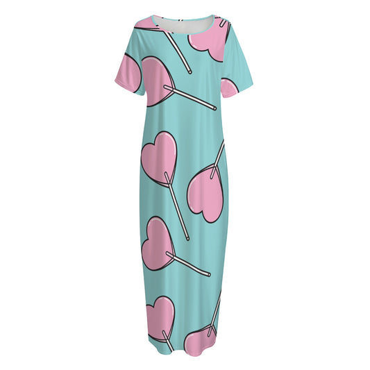 Pink Heart Lollipop Pattern Print Short Sleeve Long Nightdress