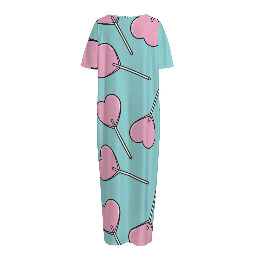 Pink Heart Lollipop Pattern Print Short Sleeve Long Nightdress