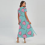 Pink Heart Lollipop Pattern Print Short Sleeve Maxi Dress