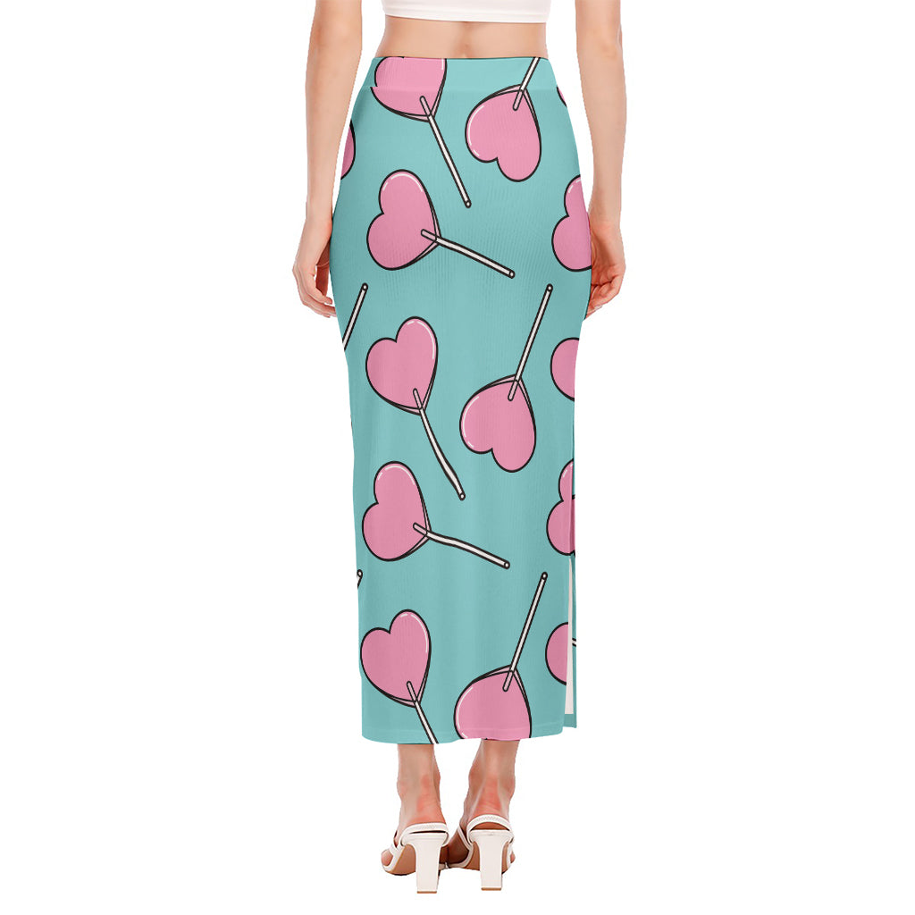 Pink Heart Lollipop Pattern Print Side Slit Maxi Skirt