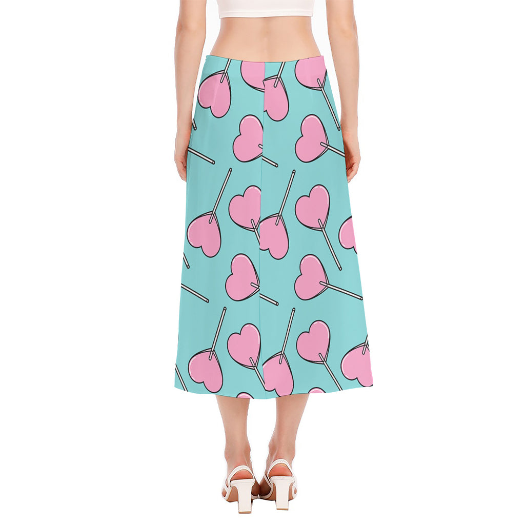 Pink Heart Lollipop Pattern Print Side Slit Midi Skirt