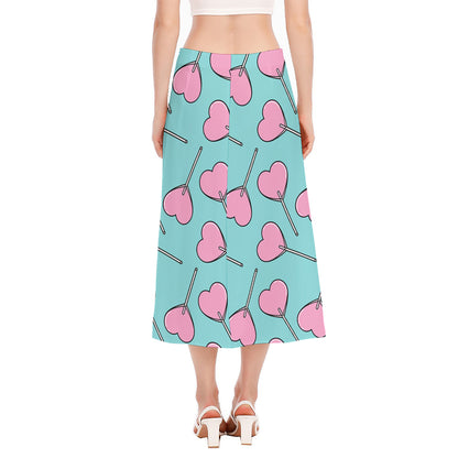 Pink Heart Lollipop Pattern Print Side Slit Midi Skirt