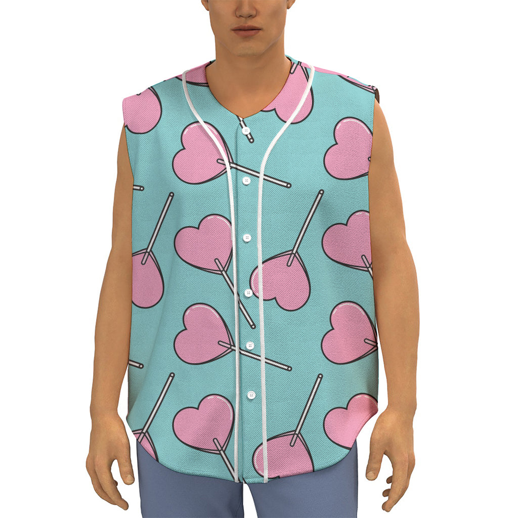 Pink Heart Lollipop Pattern Print Sleeveless Baseball Jersey