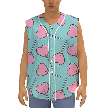 Pink Heart Lollipop Pattern Print Sleeveless Baseball Jersey