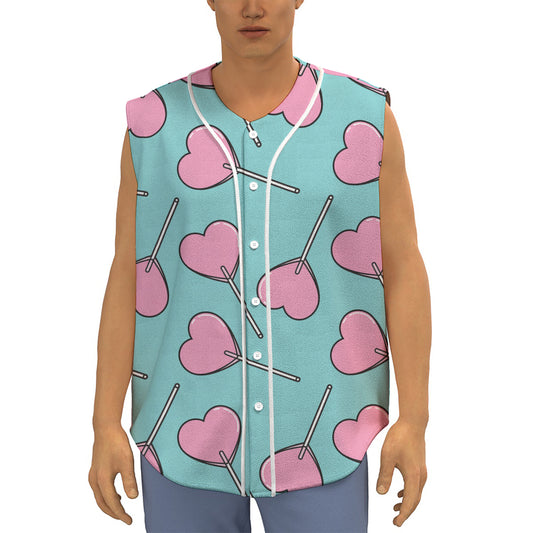 Pink Heart Lollipop Pattern Print Sleeveless Baseball Jersey