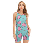 Pink Heart Lollipop Pattern Print Sleeveless One Piece Swimsuit