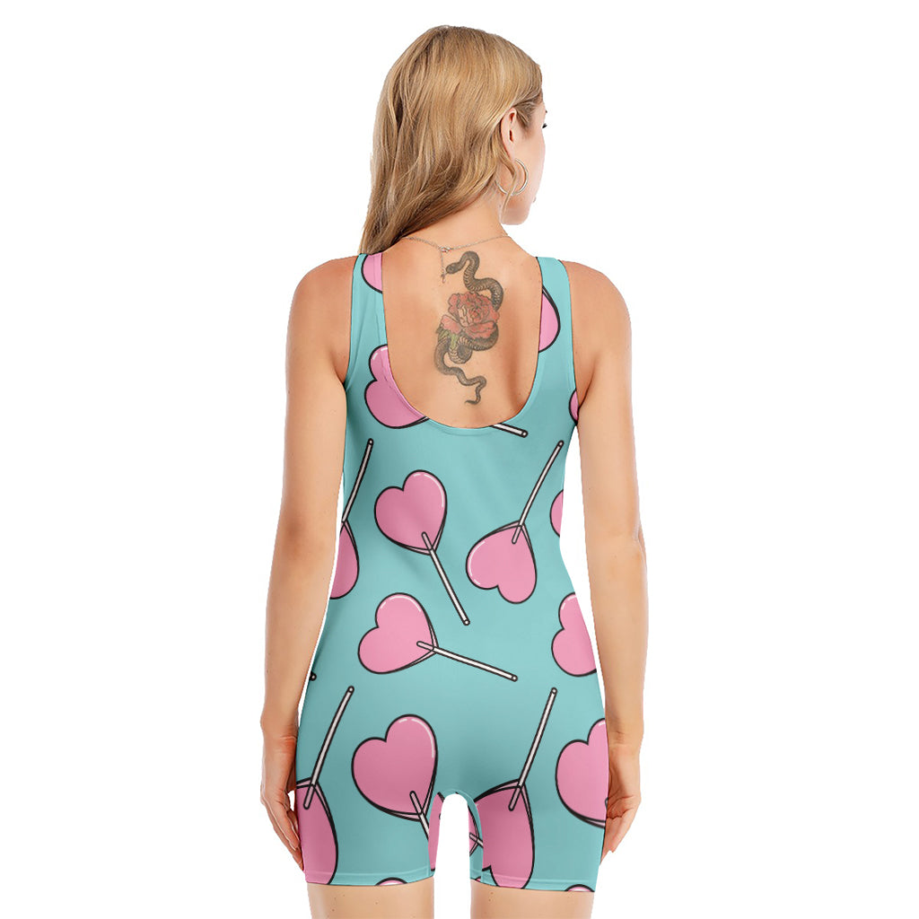 Pink Heart Lollipop Pattern Print Sleeveless One Piece Swimsuit