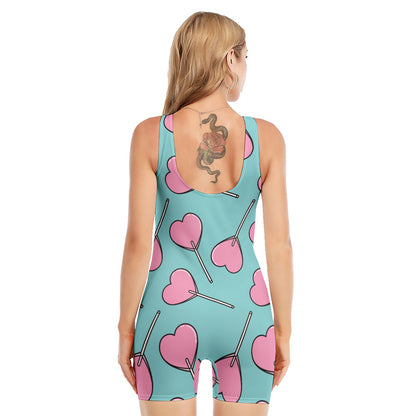 Pink Heart Lollipop Pattern Print Sleeveless One Piece Swimsuit