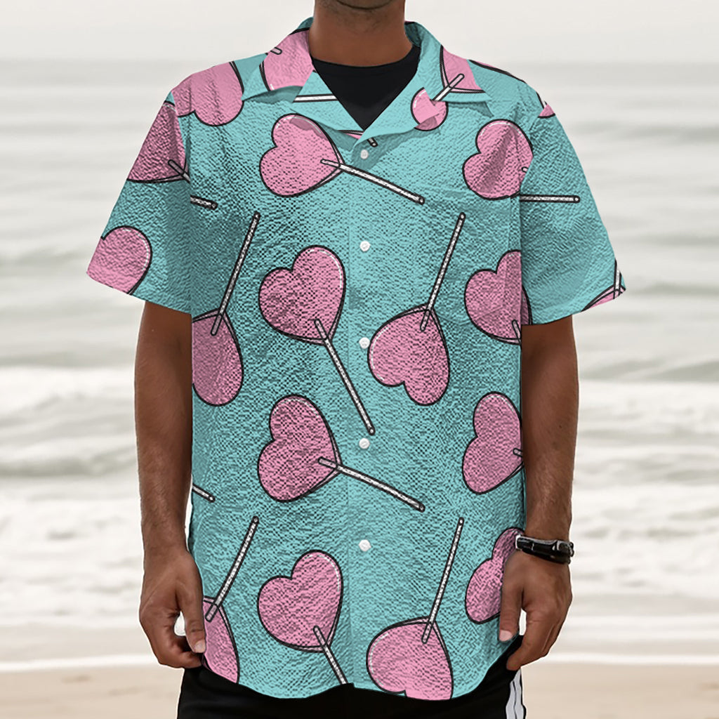 Pink Heart Lollipop Pattern Print Textured Short Sleeve Shirt