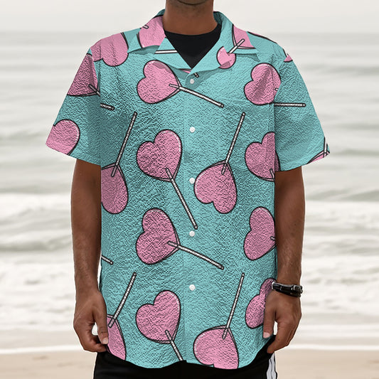 Pink Heart Lollipop Pattern Print Textured Short Sleeve Shirt