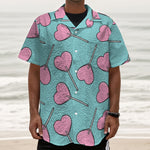 Pink Heart Lollipop Pattern Print Textured Short Sleeve Shirt