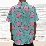 Pink Heart Lollipop Pattern Print Textured Short Sleeve Shirt