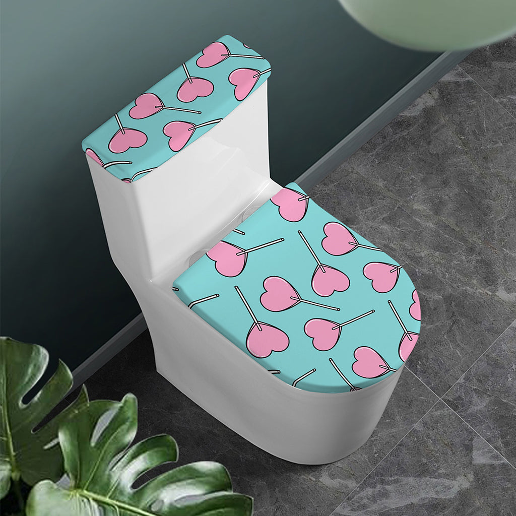 Pink Heart Lollipop Pattern Print Toilet Lid And Tank Cover Set