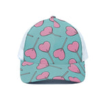 Pink Heart Lollipop Pattern Print White Mesh Trucker Cap