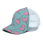 Pink Heart Lollipop Pattern Print White Mesh Trucker Cap