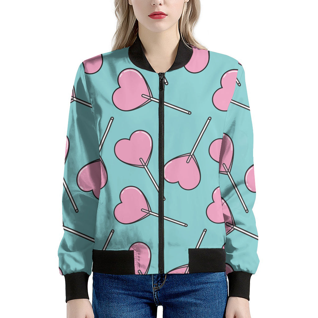 Pink Heart Lollipop Pattern Print Women's Bomber Jacket