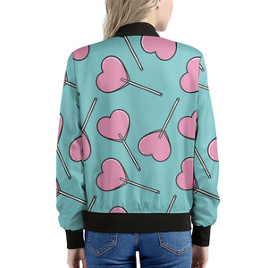 Pink Heart Lollipop Pattern Print Women's Bomber Jacket