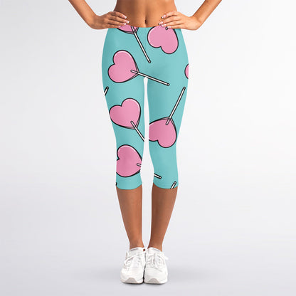 Pink Heart Lollipop Pattern Print Women's Capri Leggings