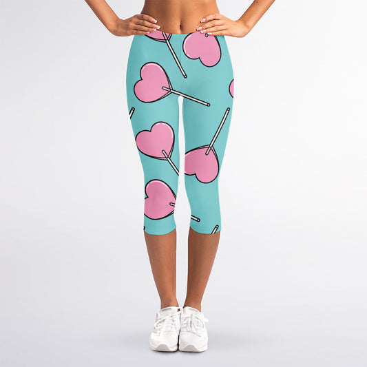Pink Heart Lollipop Pattern Print Women's Capri Leggings
