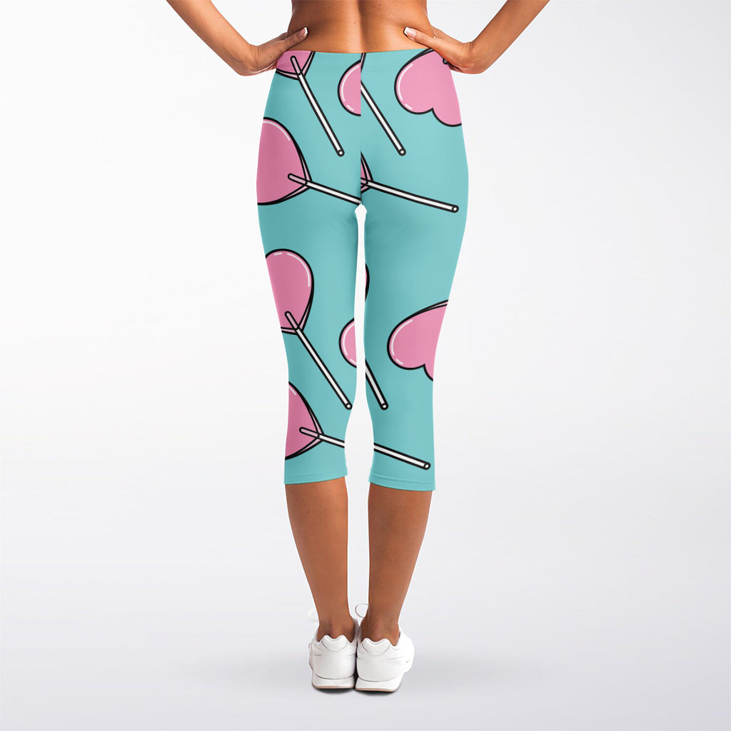 Pink Heart Lollipop Pattern Print Women's Capri Leggings