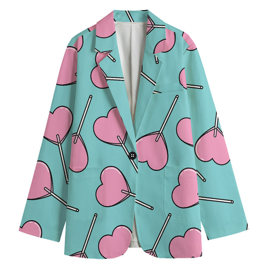 Pink Heart Lollipop Pattern Print Women's Cotton Blazer