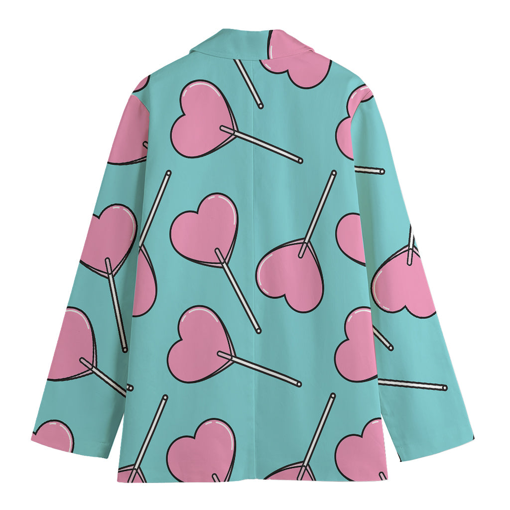 Pink Heart Lollipop Pattern Print Women's Cotton Blazer