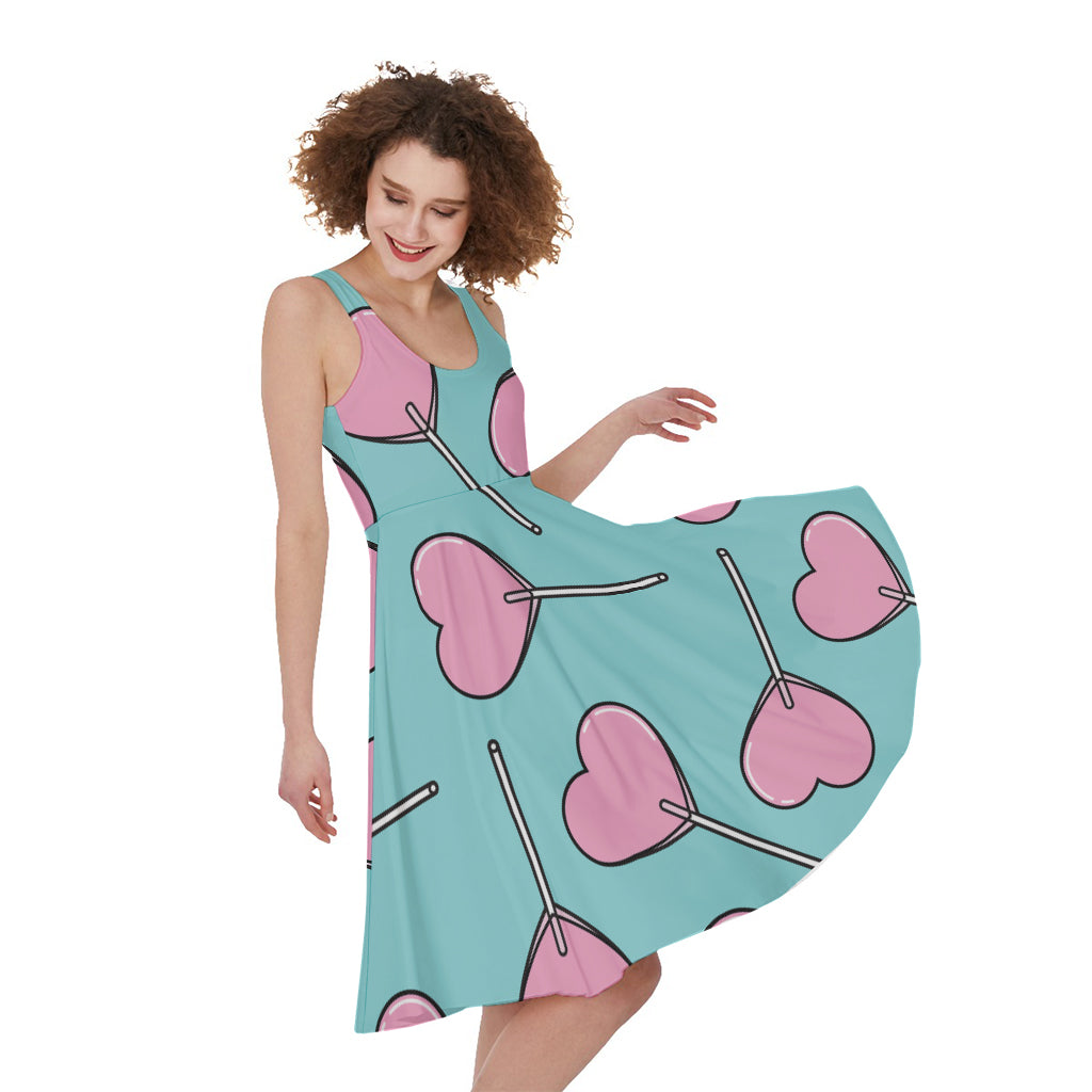 Pink Heart Lollipop Pattern Print Women's Sleeveless Dress