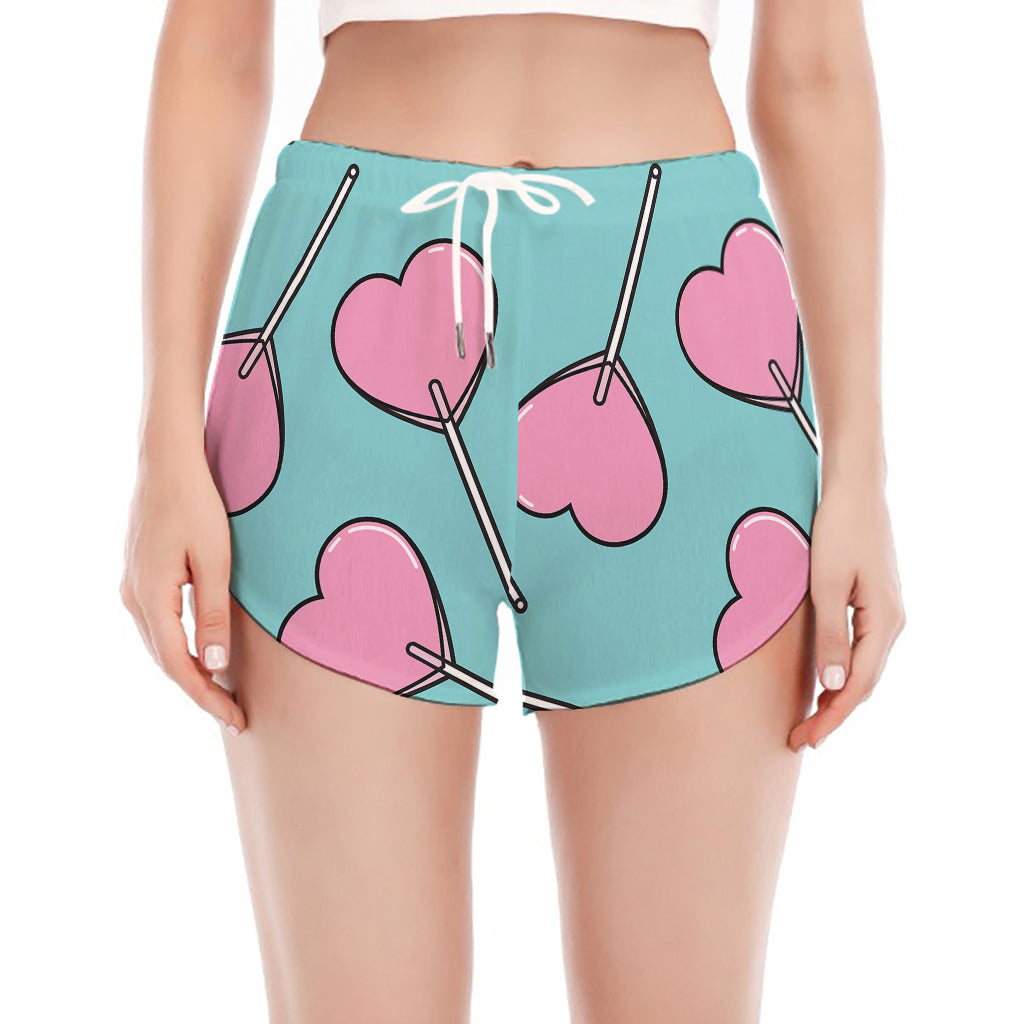 Pink Heart Lollipop Pattern Print Women's Split Running Shorts