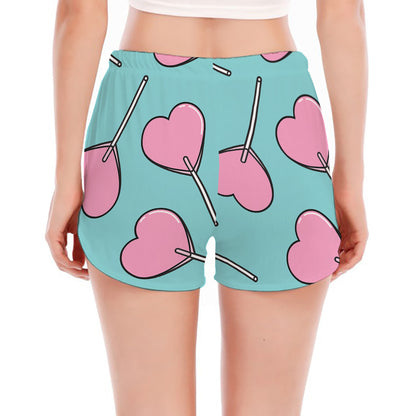 Pink Heart Lollipop Pattern Print Women's Split Running Shorts